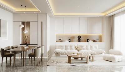 现代简约客餐厅 布艺沙发 懒人沙发 餐桌椅组合 饰品摆设 茶几组合